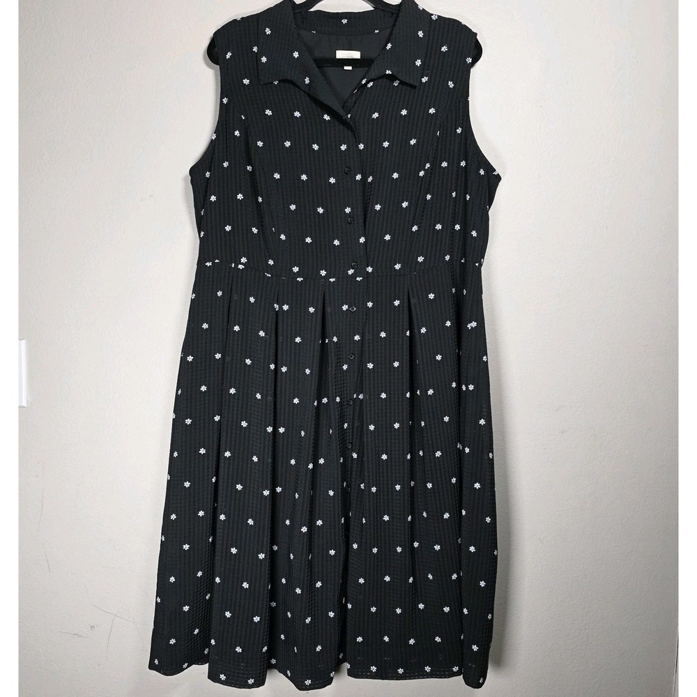 Talbots Womens 16W Black Floral Fit & Flare Sleeveless Button Up Dress Collar